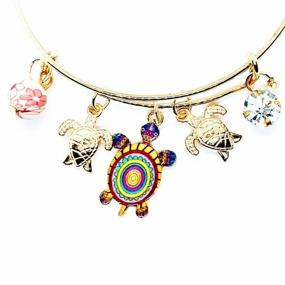 Beaded Sea Turtle Charm Colorful Bangle Bracelet - Picture 2 of 5